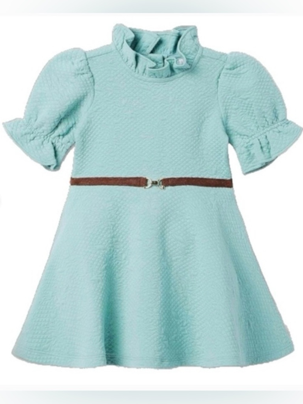Janie and Jack Light Aqua Textured Ruffle Collar Dress with Brown Belt
